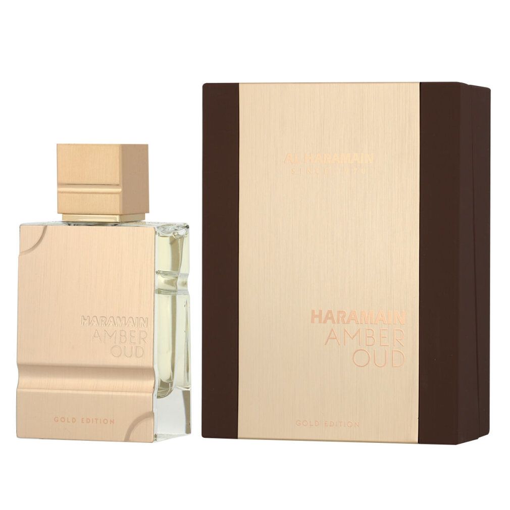 Goldfarbener Flakon und Verpackung. Aufschrift: Al Haramain Amber Oud Gold Edition. Flakon mit eckigem Deckel und rechteckiger Form.