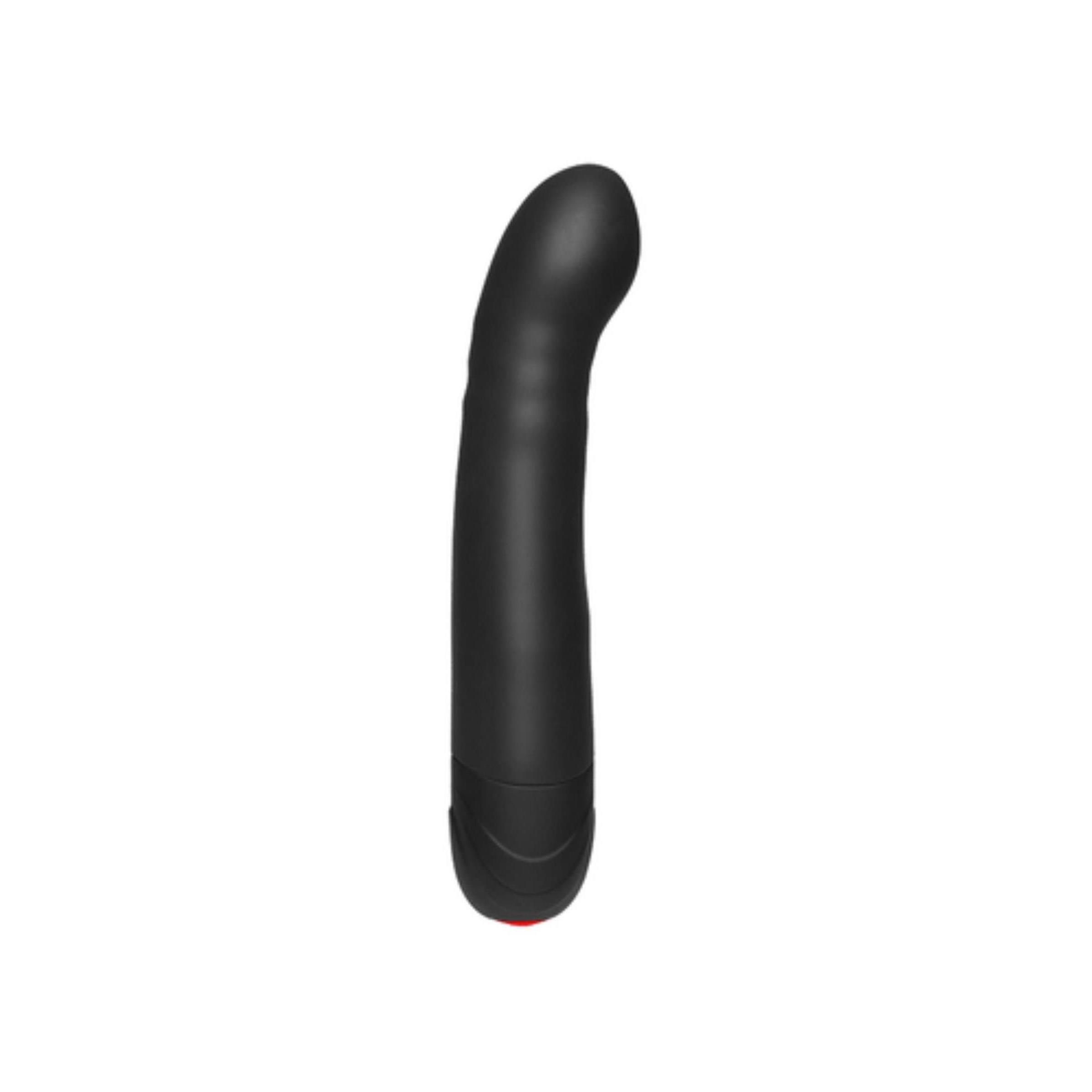 Schwarzes, gebogenes Massagegerät. Abgerundete Spitze, roter Knopf am Ende.
