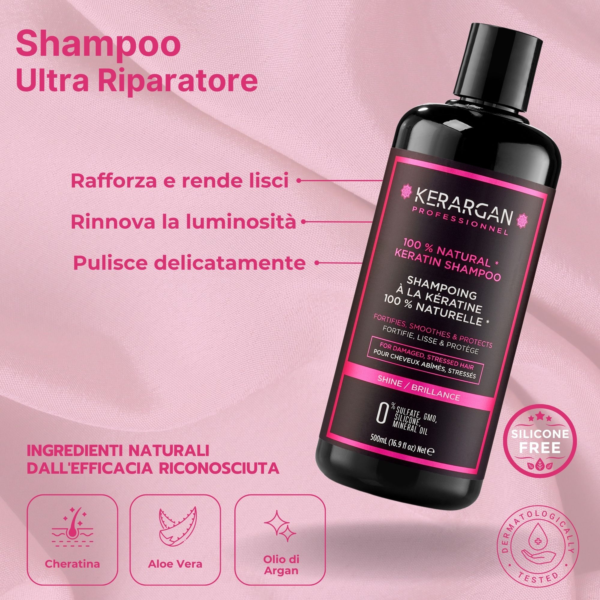 Kit completo Kerargan con 6 prodotti. Flaconi e vasetti neri con etichette rosa. Contiene shampoo, balsamo, maschera, siero.