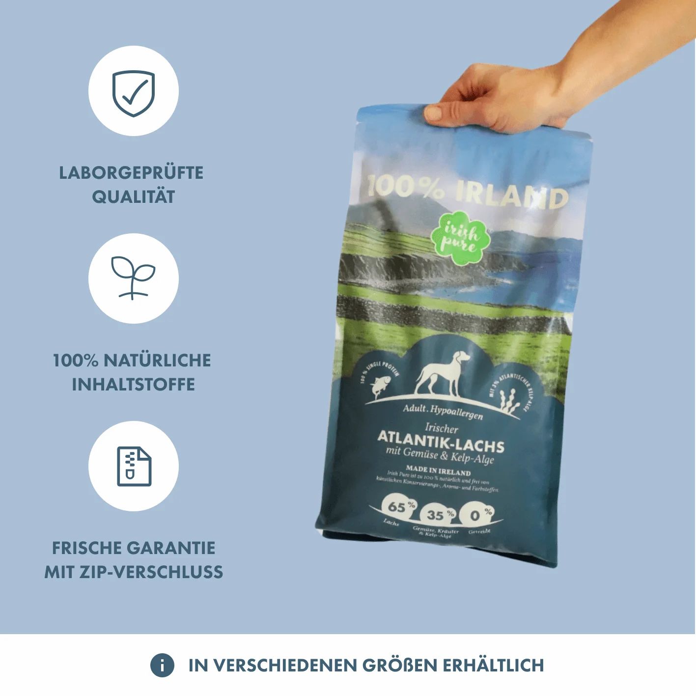 Hundefutter-Beutel mit Lachs, 100% Irland, Laborgeprüfte Qualität, 100% natürliche Inhaltsstoffe, Frischegarantie mit Zip-Verschluss.