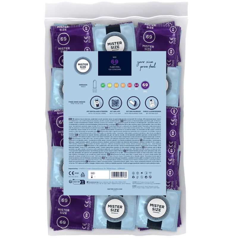 Kondome in Folienverpackung in transparenter Tüte. Aufdruck: Mister Size, 69. Blaue und violette Verpackungen.