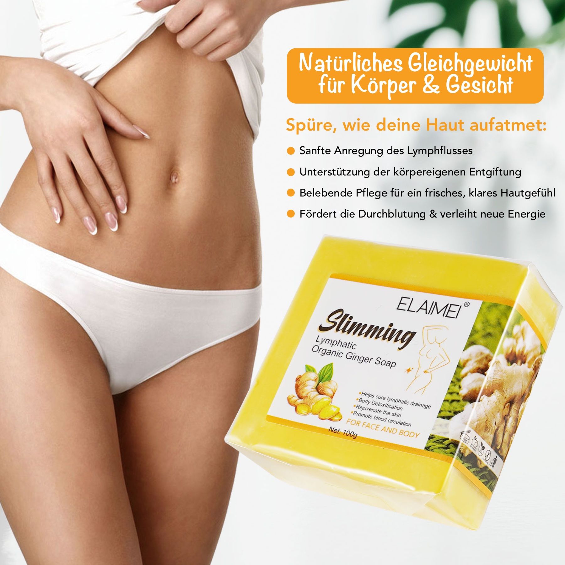Gelbe Seife neben einer Frau. Aufschrift: Slimming Lymphatic Organic Ginger Soap.
