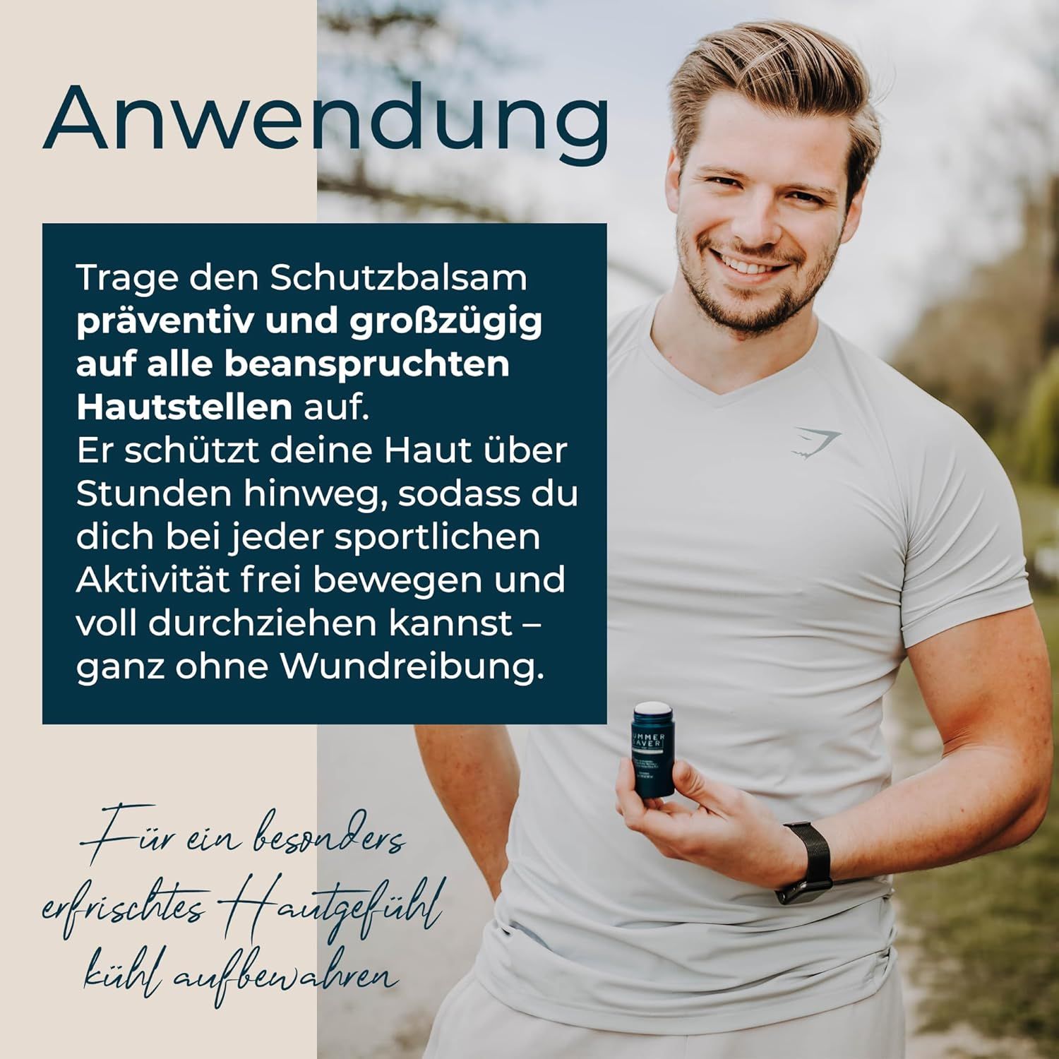 Ein Mann hält einen blauen Stick. Text: Anwendung. Für ein besonders erfrischtes Hautgefühl kühl aufbewahren.