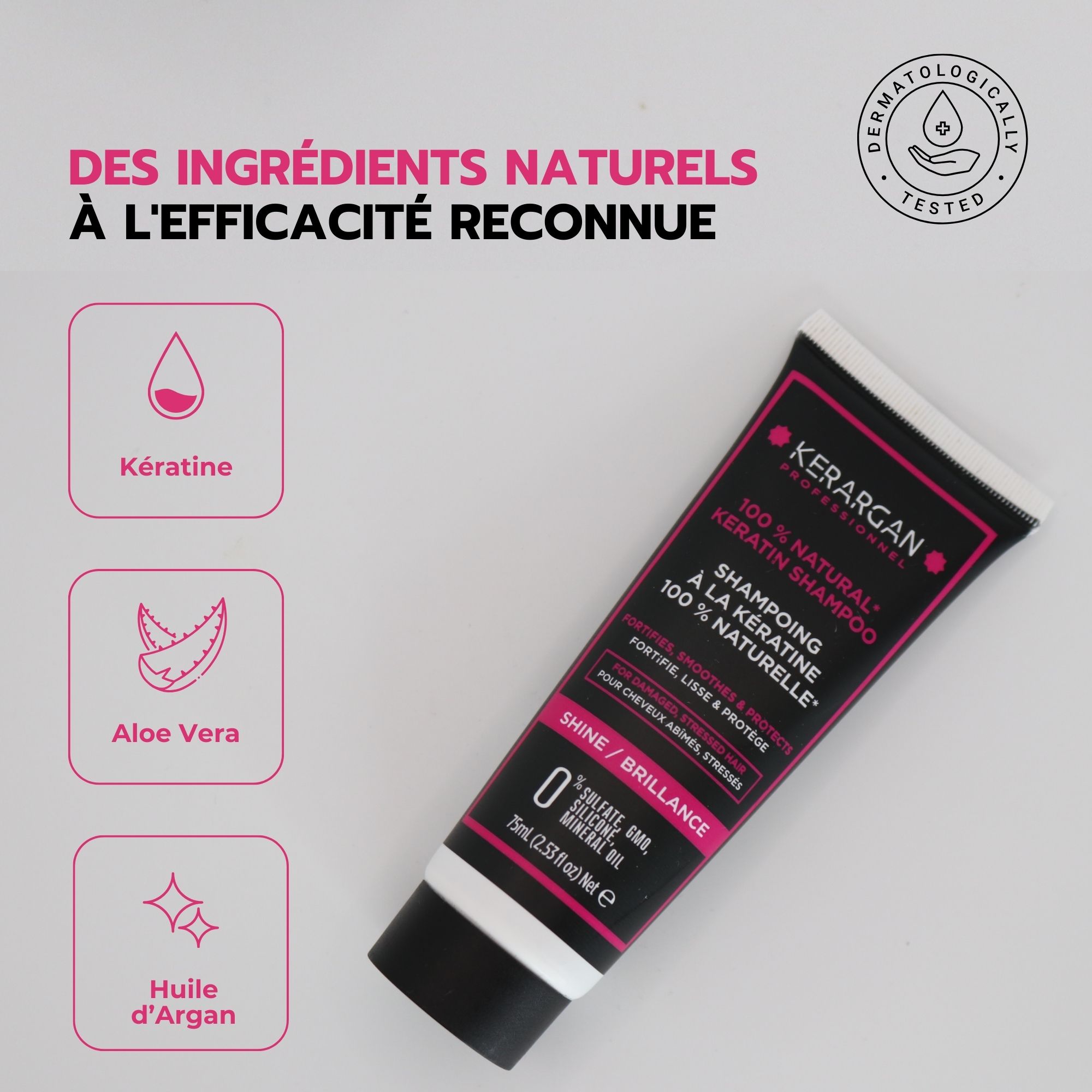 Tube de shampooing Kerargan. Image du produit avec texte. Contient des informations sur les ingrédients comme la kératine et l'huile d'argan.