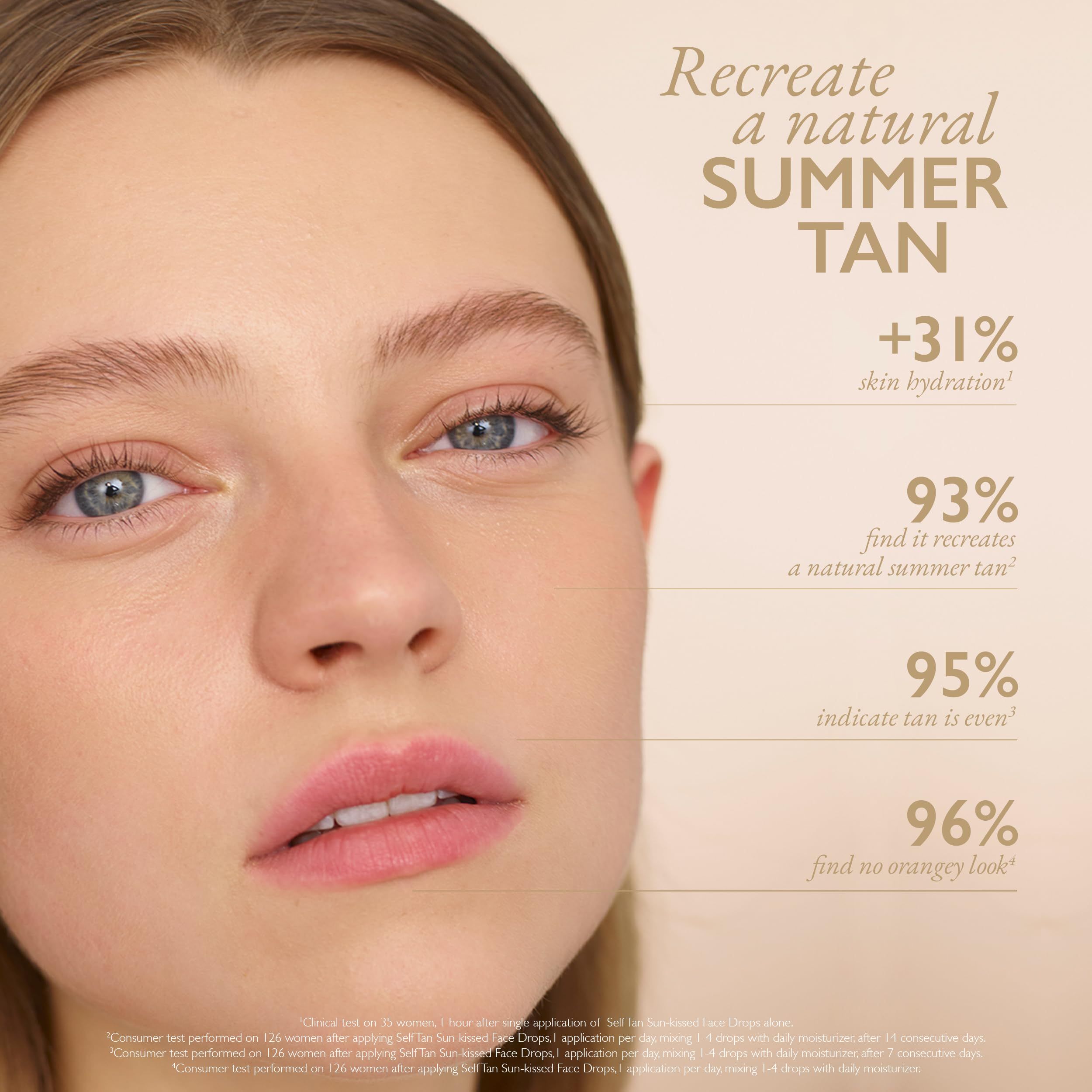 Porträt einer Frau mit Text: Recreate a natural SUMMER TAN. Text mit Prozentangaben.