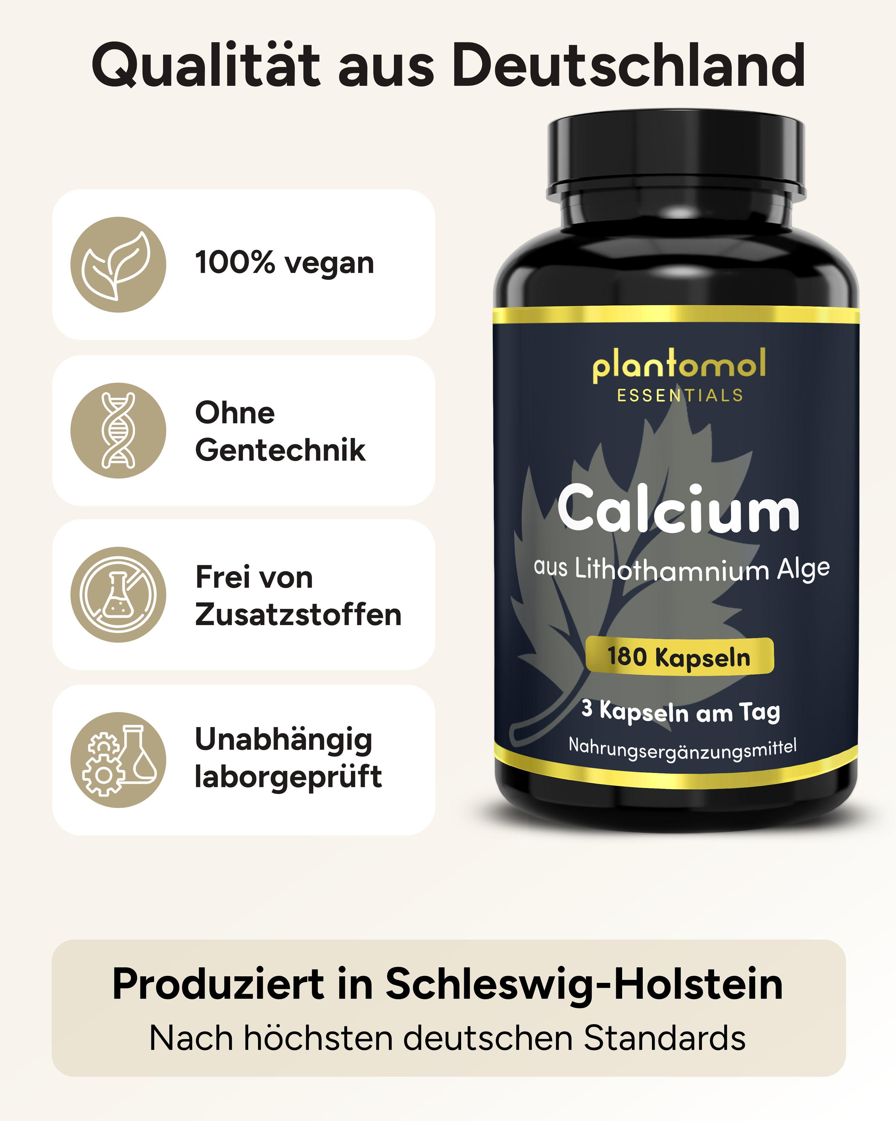 Schwarze Flasche mit Kapseln, Text: plantomol essentials, Calcium, 180 Kapseln, 3 Kapseln am Tag, vegan.