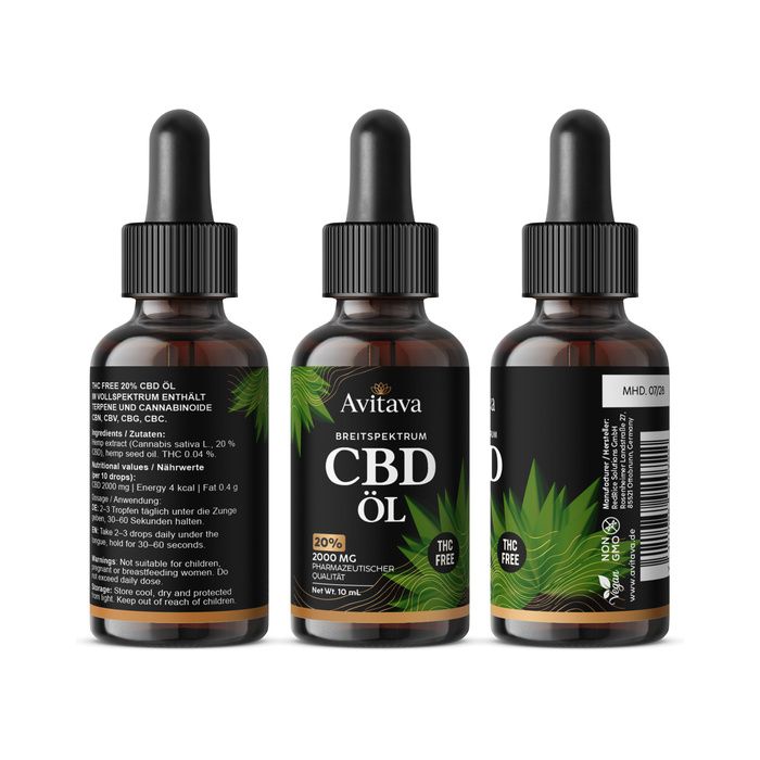 Drei Avitava CBD Öl Flaschen mit Pipette. Breitspektrum, 20% CBD, 2000 mg, THC-frei.