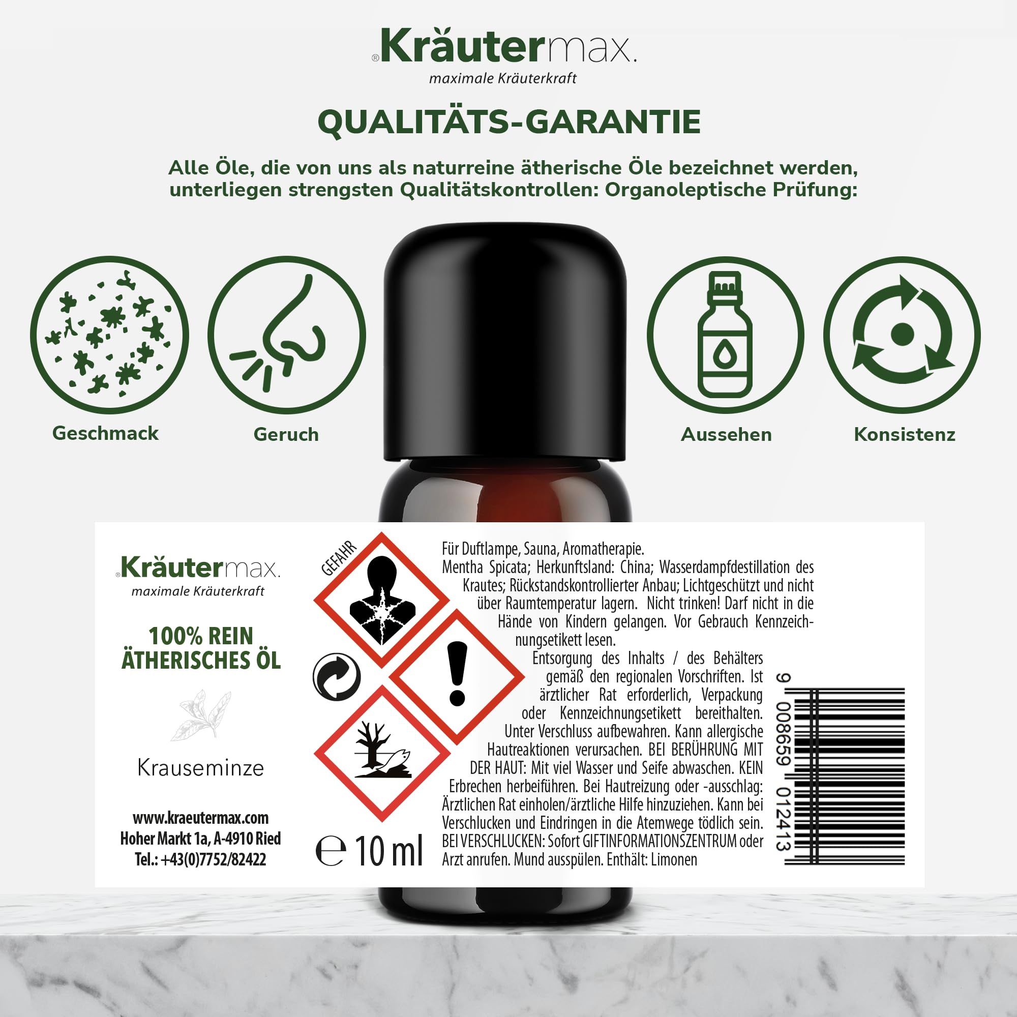 Braune Glasflasche mit schwarzem Deckel. Etikett mit Kräutermax-Logo und Text. Gefahrensymbole und Qualitätsmerkmale.
