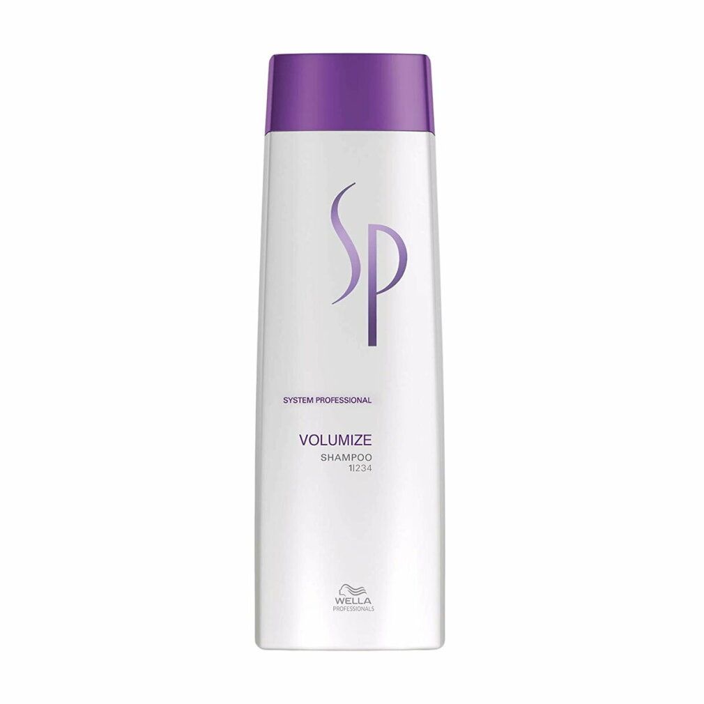 Weißes Shampoo mit lila Deckel. Aufschrift: SP, Volumize Shampoo. Wella-Logo.