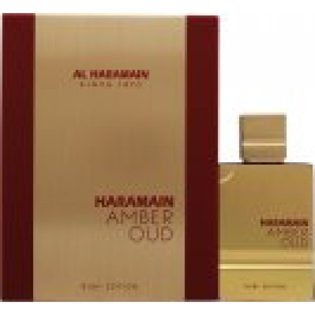 Goldfarbene Flasche und Verpackung. Aufschrift: HARAMAIN AMBER OUD RUBY EDITION. Marke AL HARAMAIN SINCE 1970.