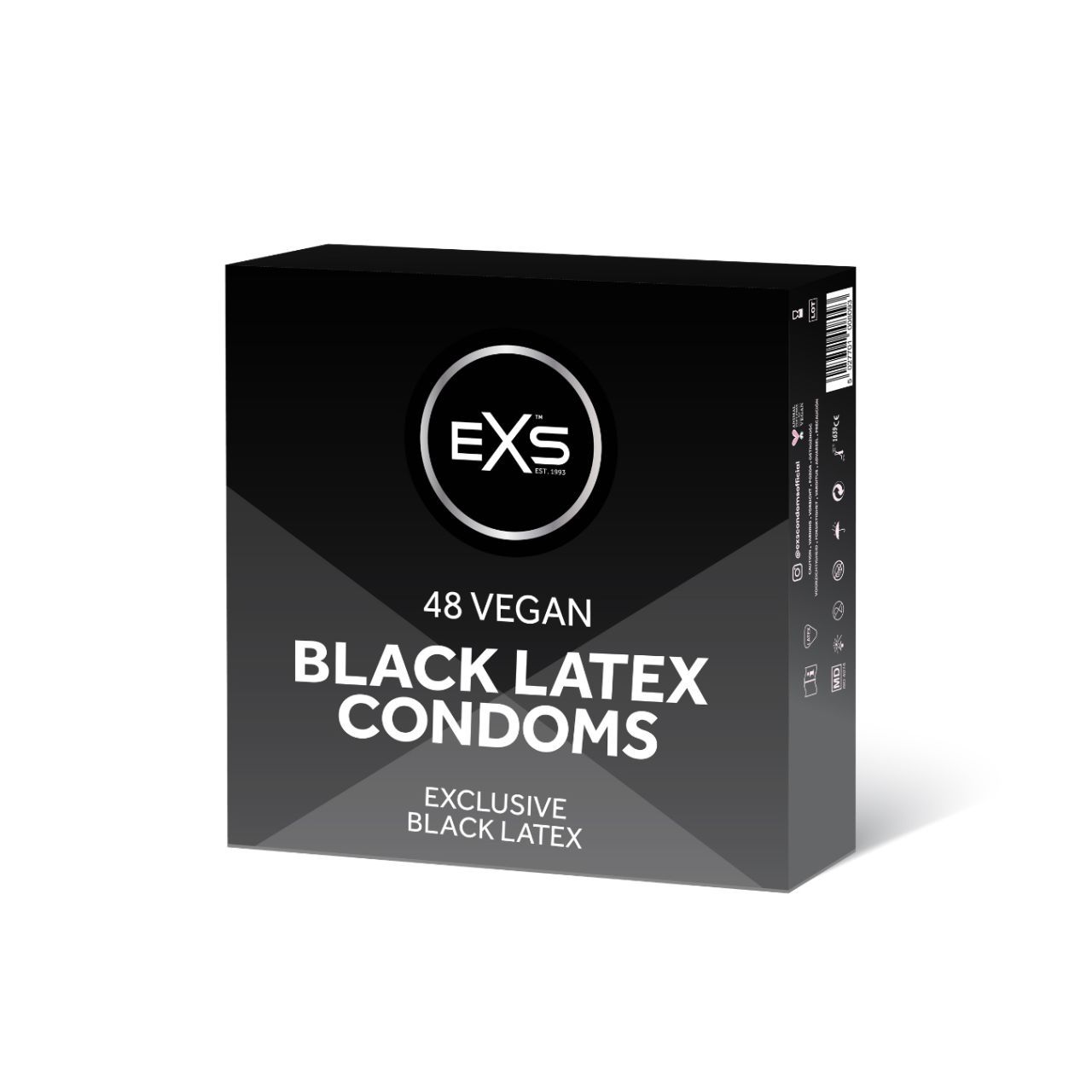 Verpackung mit 48 veganen schwarzen Latex-Kondomen.