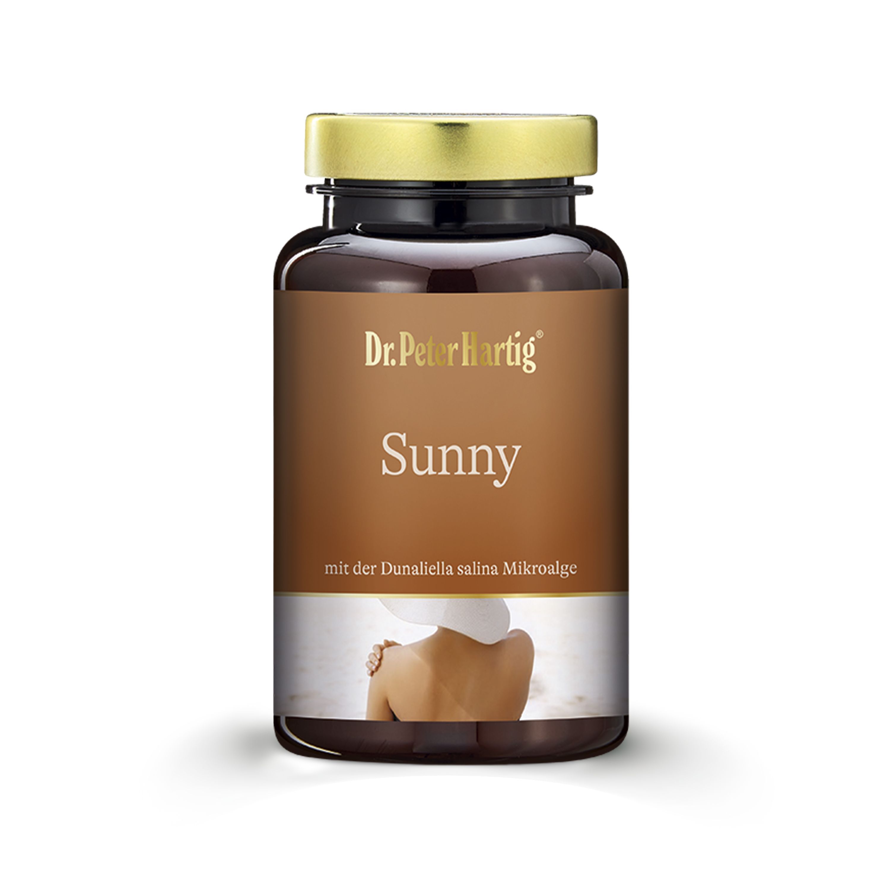 Braune Glasflasche mit goldfarbenem Deckel. Etikett mit "Dr. Peter Hartig Sunny" und Abbildung einer Frau am Strand.