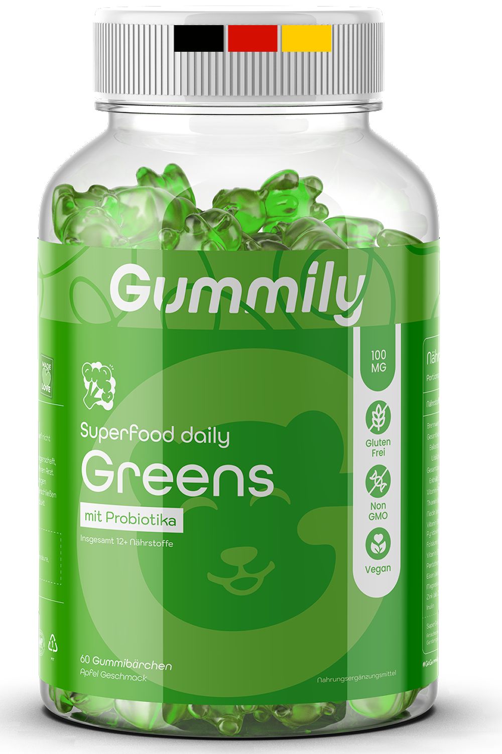 Grüne Gummibärchen in einer transparenten Flasche. Aufschrift: Gummily, Superfood Greens, mit Probiotika, 100 MG, glutenfrei, vegan.