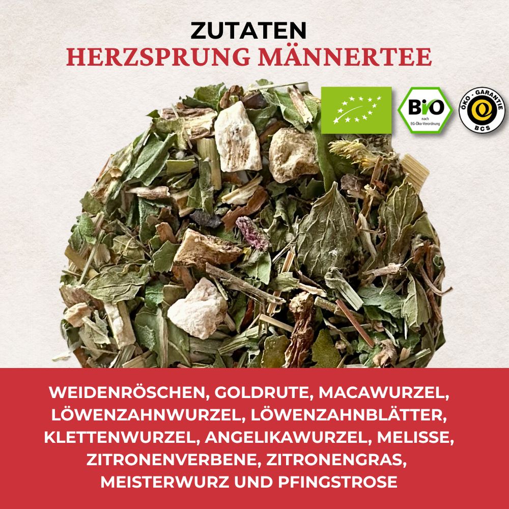 Haufen Kräutertee mit Zutatenliste. Bio-Siegel. Text: Herzsprung Männertee, Zutaten: Weidenröschen, Goldrute, Macawurzel, etc.