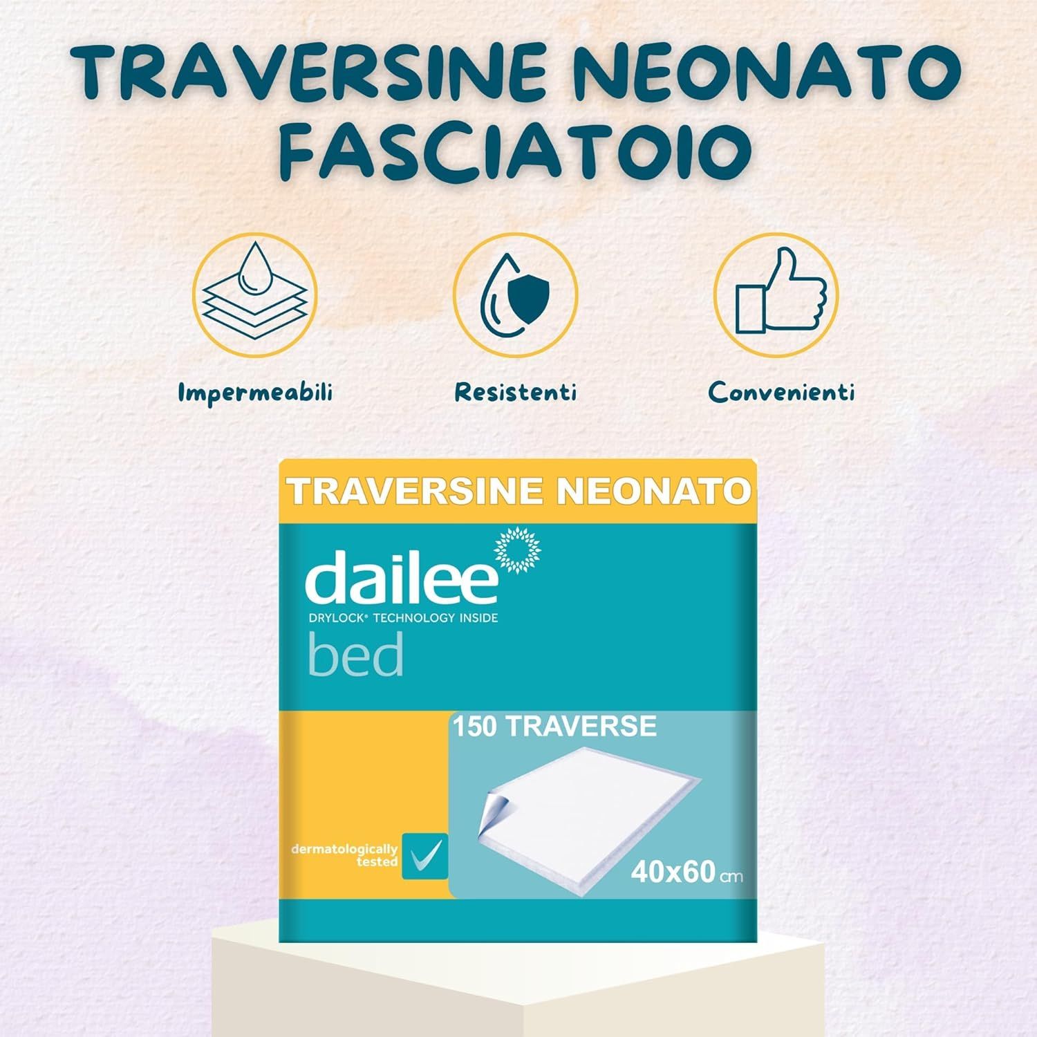 Verpackung von Dailee Bed Baby Bettunterlage. Quadratisch, mit Produktname, Logo, und Größenangabe 40x60cm. 150 Stück.