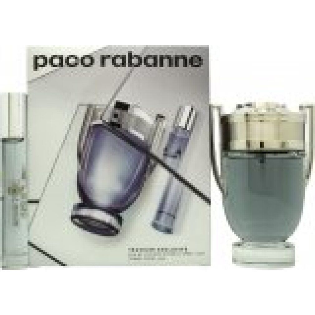 Paco Rabanne Invictus EdT + EdT. Geschenkset mit Flakon, Travel Spray und Verpackung. Logo und Produktbezeichnung. Hellblauer Hintergrund.