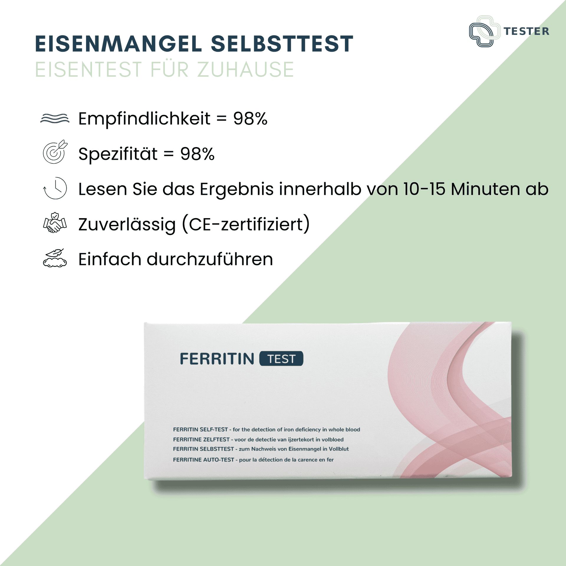 Informationen zum Eisenmangel Selbsttest für zu Hause: Empfindlichkeit, Spezifität, Ergebniszeit, Zuverlässigkeit (CE-zertifiziert) und einfache Durchführung. Enthält Produktverpackung.