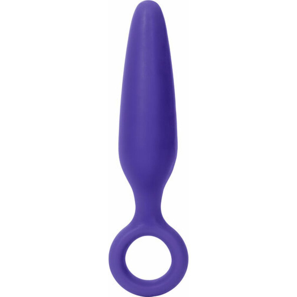Lila Analplug mit abgerundeter Spitze und Ring am Ende.
