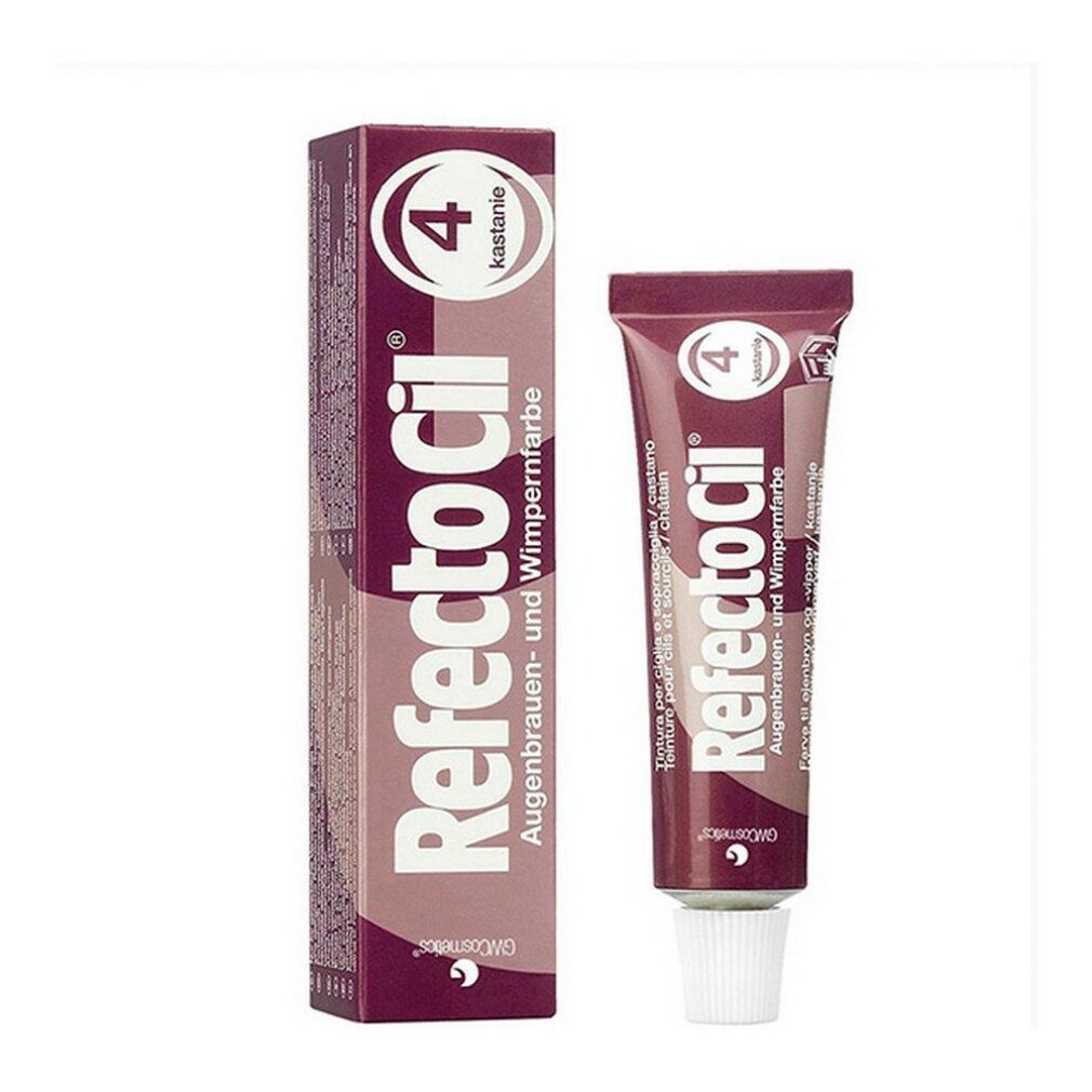 Produktverpackung: Tube und Schachtel. Aufschrift: RefectoCil, 4, Kastanie. Augenbrauen- & Wimpernfarbe.