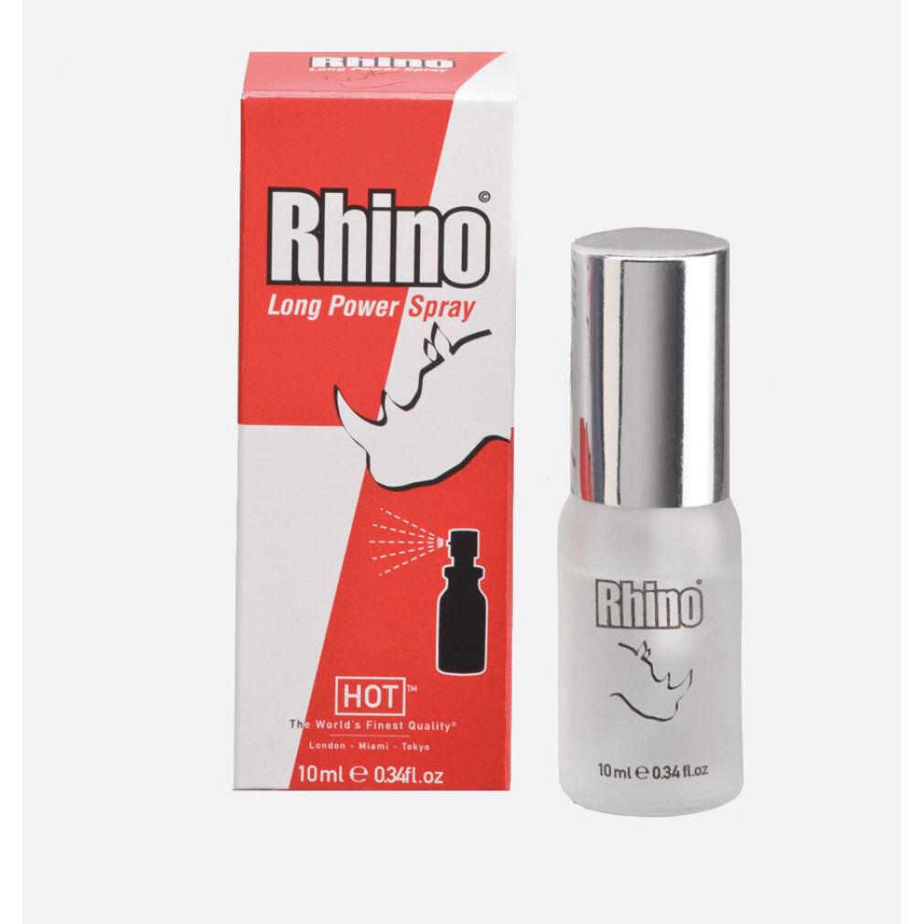 Produkt und Verpackung. Rhino Long Power Spray Flasche und Karton. Rote und weiße Farbgebung. 10ml.