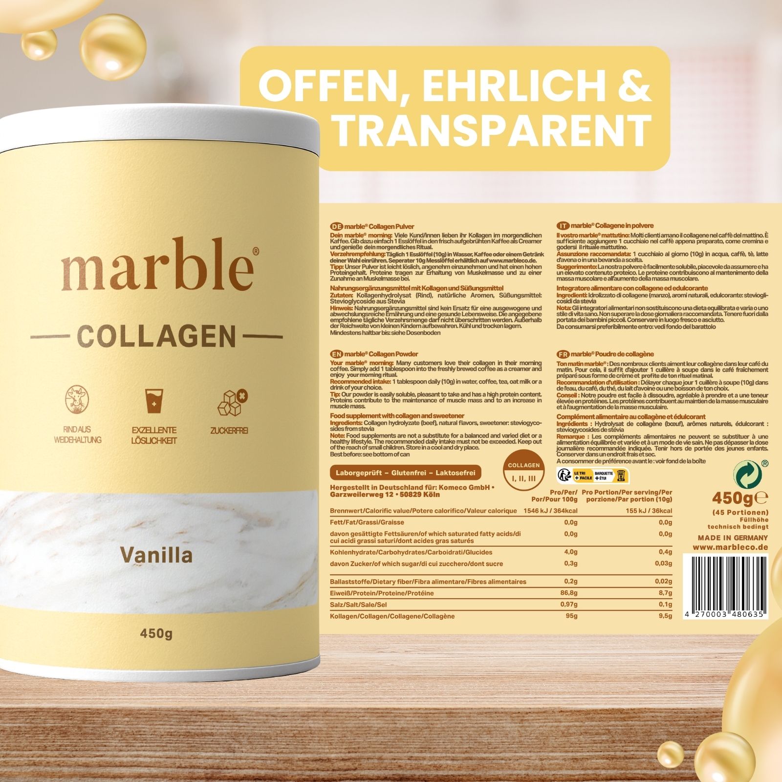Beige Dose mit Aufschrift marble® COLLAGEN, Vanilla, 450g. Ausgeklappte Verpackung mit Text. Text: Offen, ehrlich & transparent. Nährwertangaben.