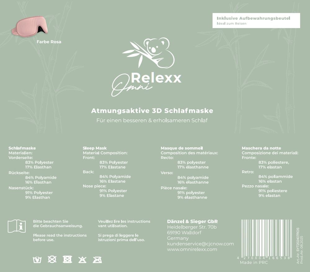 Etikett mit Produktinformationen. 3D Schlafmaske, Materialzusammensetzung, Herstelleradresse, Farbe Rosa.
