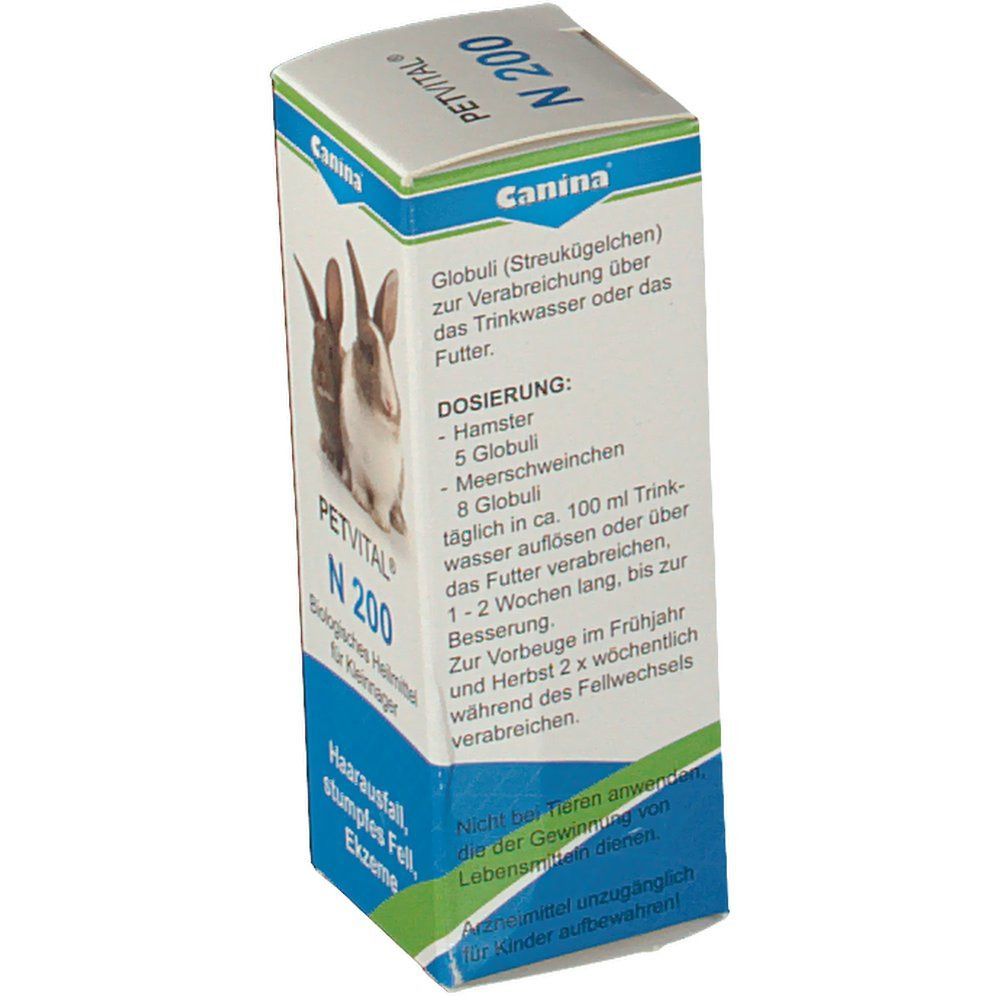 Karton von PETVITAL N 200 Globuli. Text: Dosierung, Anwendungshinweise. Abgebildet: Kaninchen. Produktname und Marke.