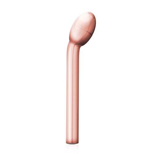 Roségoldfarbener Vibrator mit gebogener Form. Der Kopf ist oval, der Schaft zylindrisch.