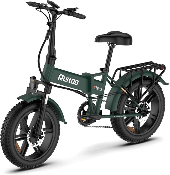 Grünes faltbares E-Bike. Gepäckträger, Schutzbleche, schwarze Reifen. Aufschrift Ruitoo, E20-PRO.