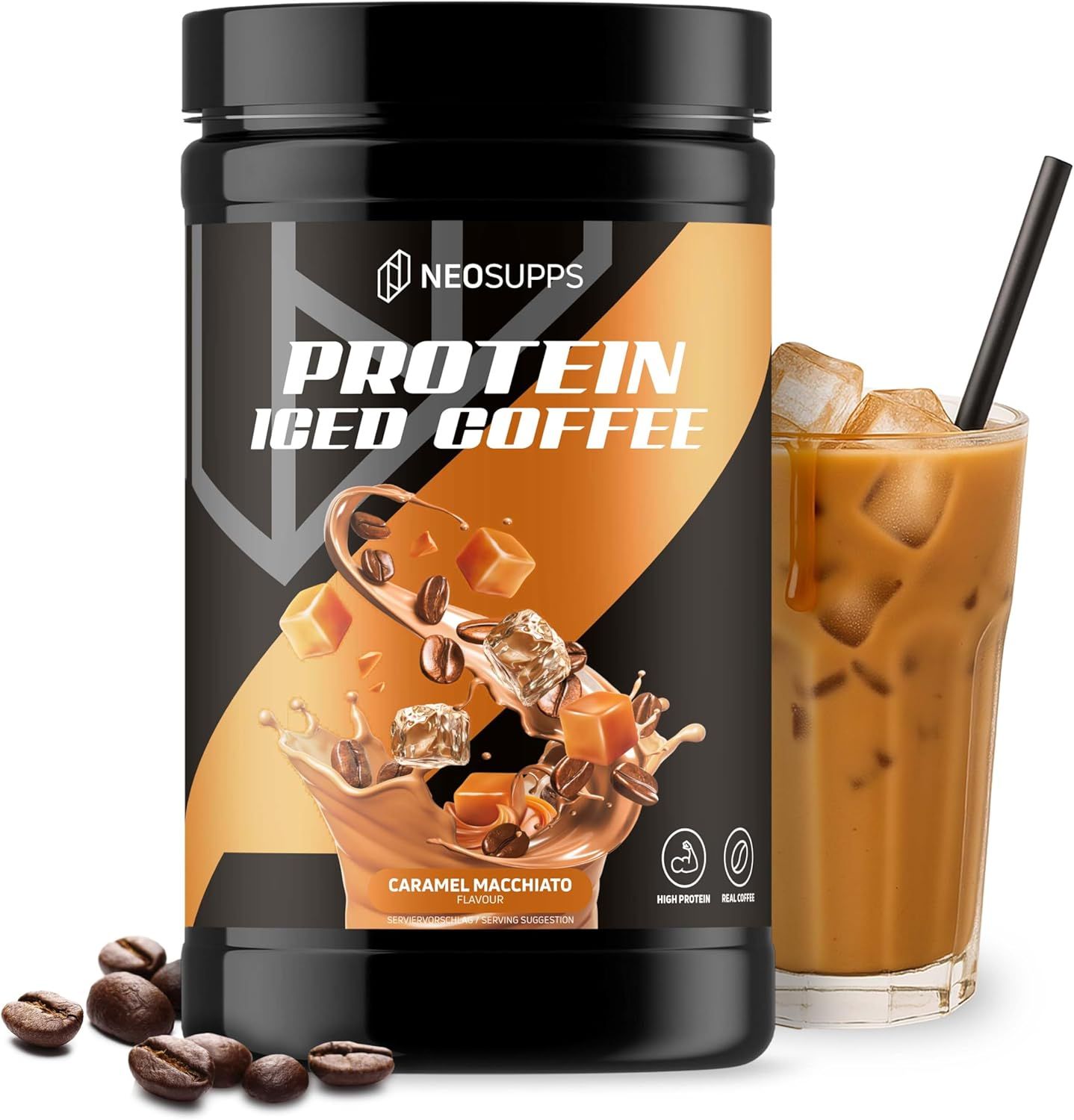 Neosupps Protein Iced Coffee Caramel Machiatto, Eiweißkaffee, Proteinpulver 500 g Pulver