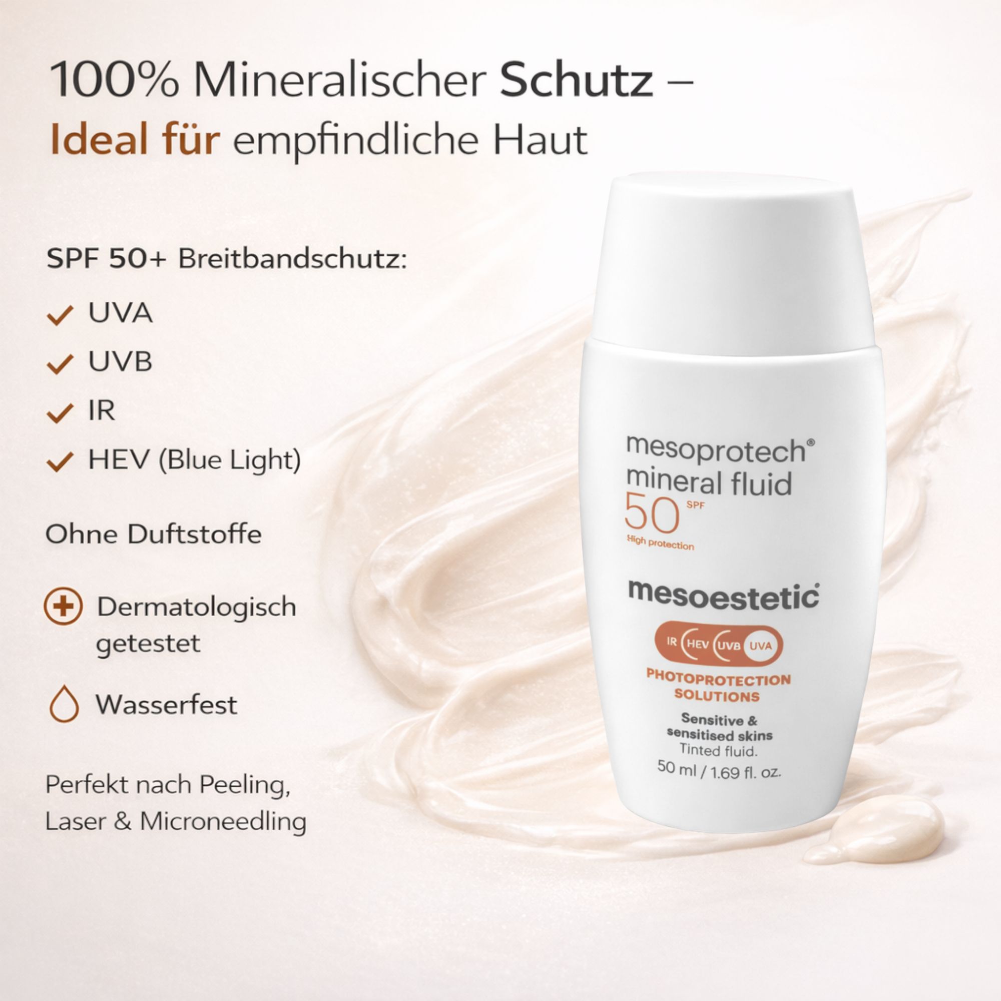 Weiße Flasche mit Produktinformationen. Mesoestetic Mesoprotech Mineral Fluid 50. Text mit Vorteilen für empfindliche Haut.
