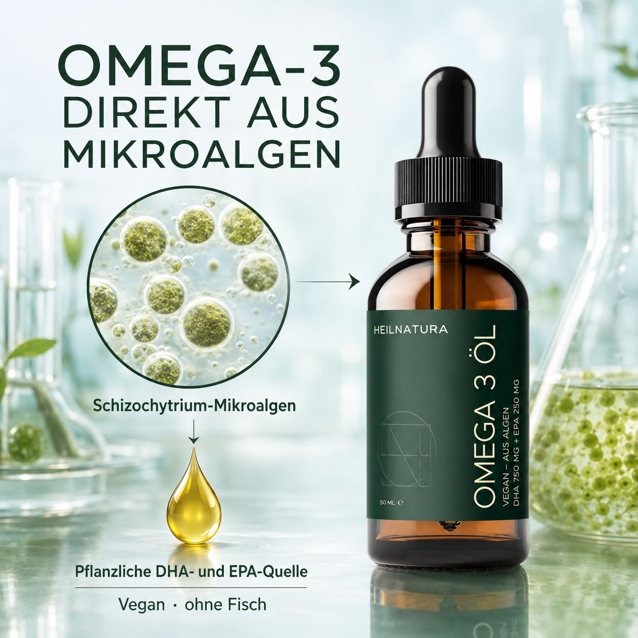 Flasche Omega-3 Algenöl neben Mikroalgen-Darstellung. Text: 'OMEGA-3 DIREKT AUS MIKROALGEN'.
