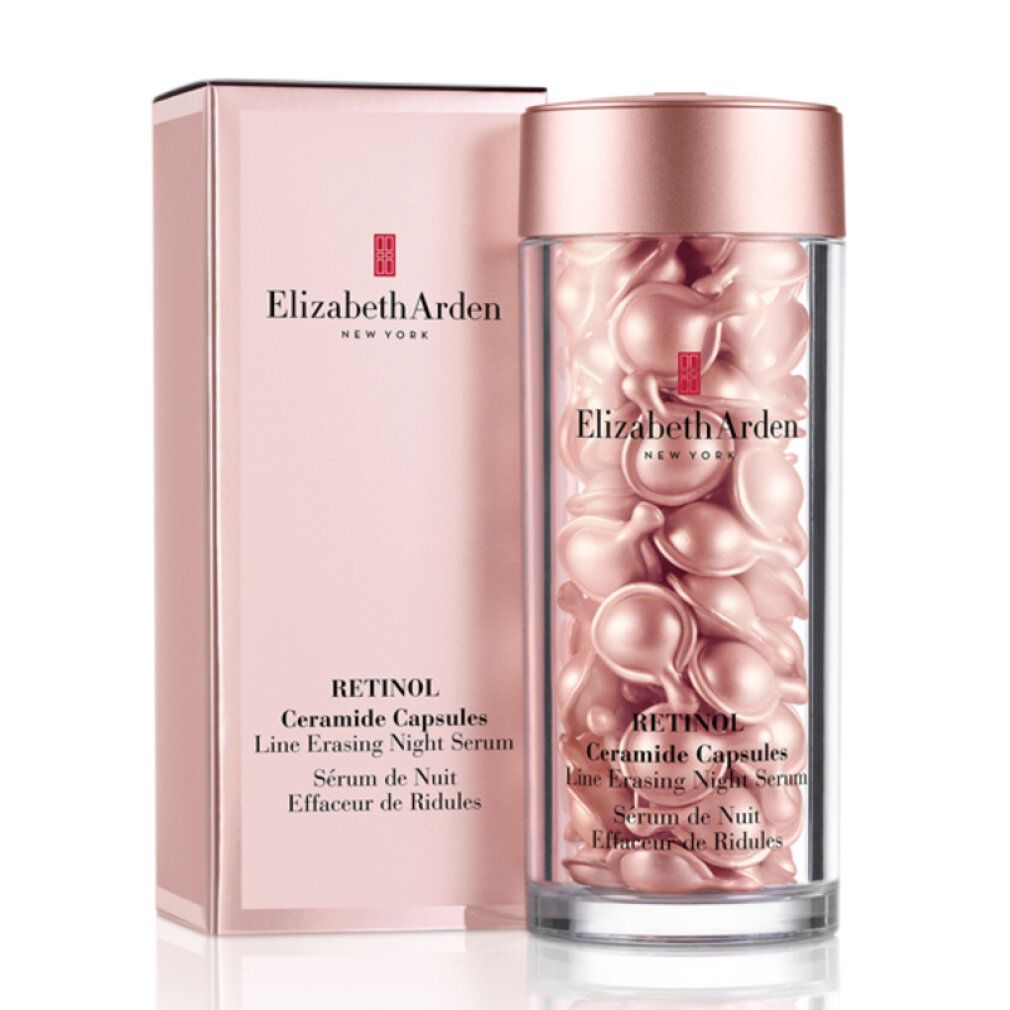 Produktverpackung und Behälter mit rosa Kapseln. Aufschrift: Elizabeth Arden, Retinol Ceramide Capsules.