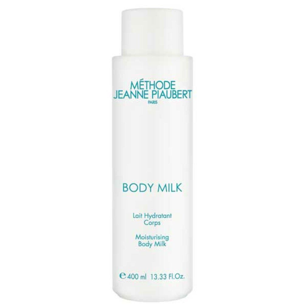 Weiße Flasche mit blauem Aufdruck. Text: Methode Jeanne Piaubert, Body Milk, Lait hydratant corps, Moisturising body milk. Volumen: 400 ml.