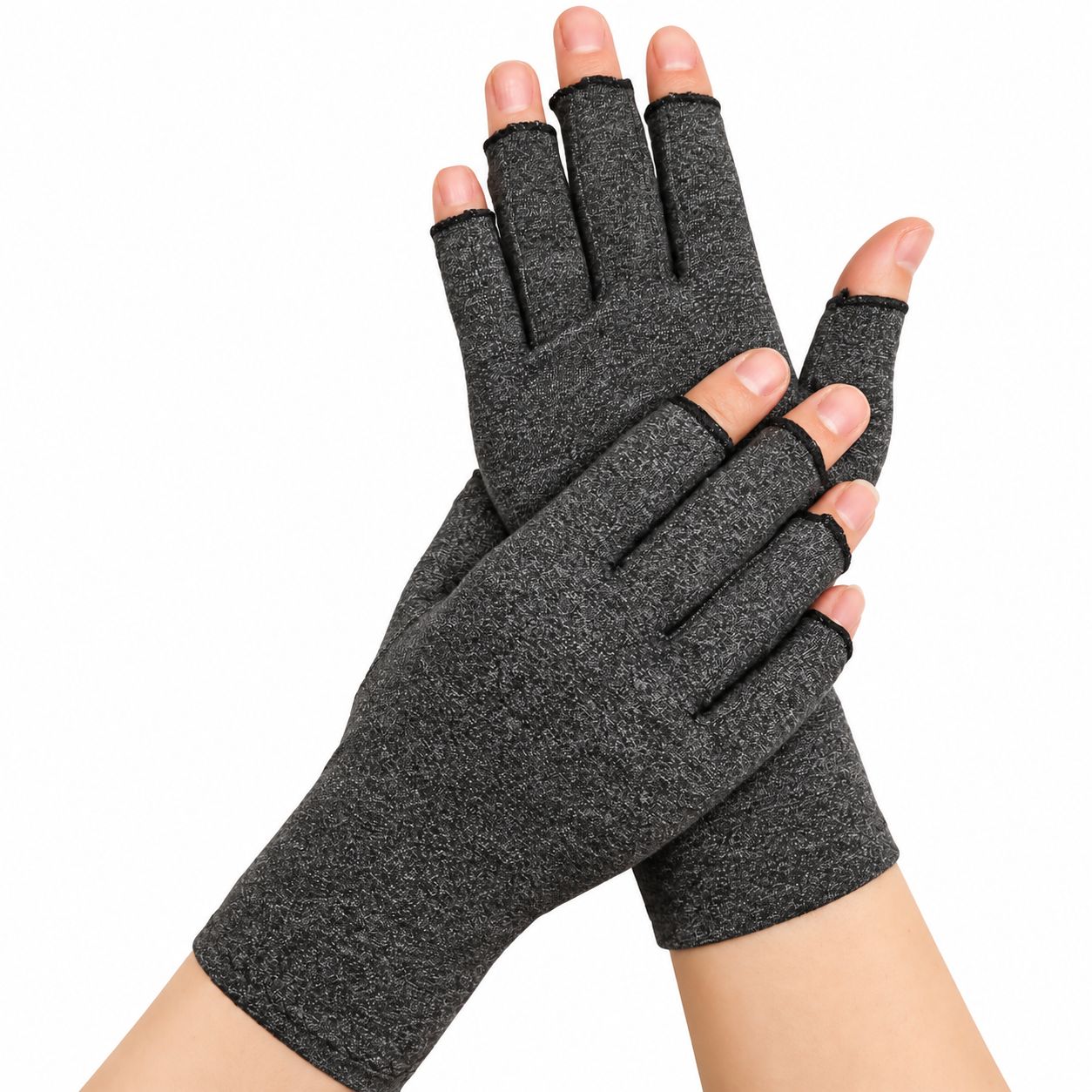 Graue Kompressionshandschuhe ohne Fingerkuppen.