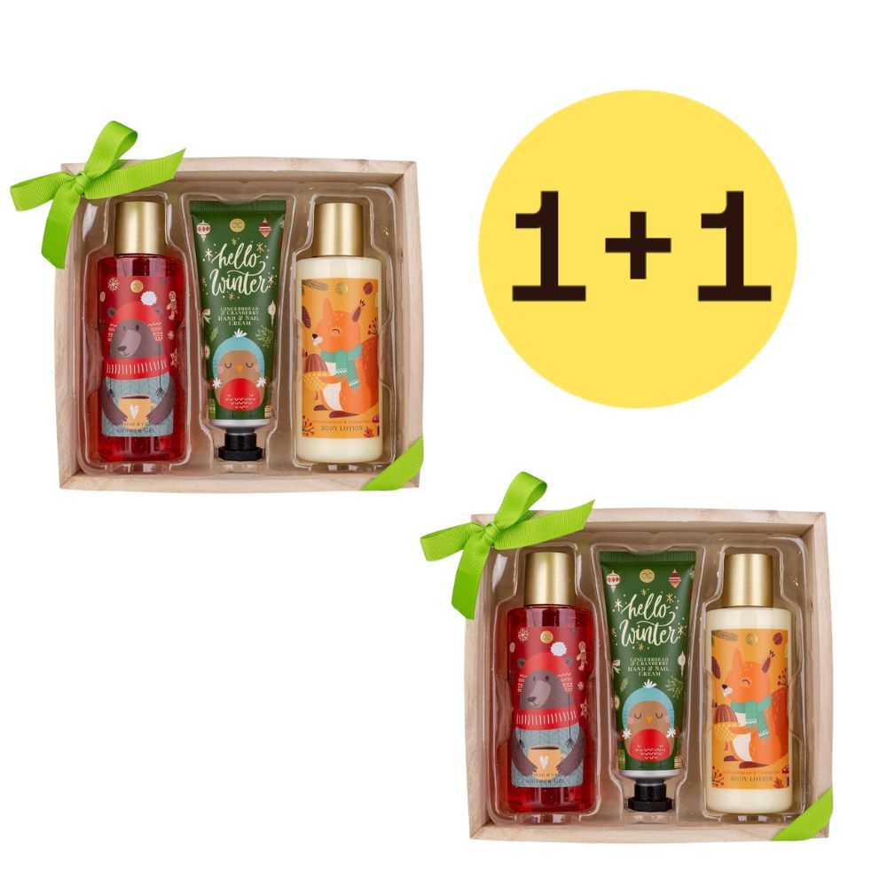 Geschenkset mit Duschgel, Bodylotion und Handcreme. Holzbox mit Schleife. 1+1 Angebot. Produkte mit Wintermotiven.