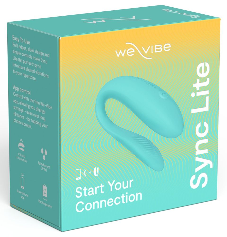 Verpackung für "We-Vibe Sync Lite". Türkisfarben mit Produktabbildung und Text. Schriftzug "Sync Lite".