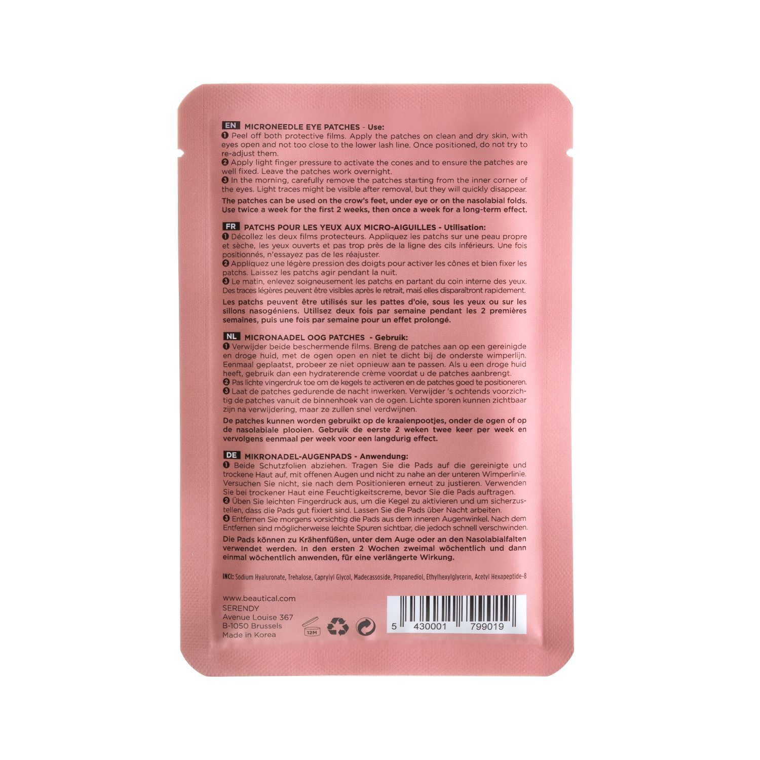 Rückseite der Verpackung. Text in mehreren Sprachen: Anwendungshinweise für Mikronadel-Augenpads.