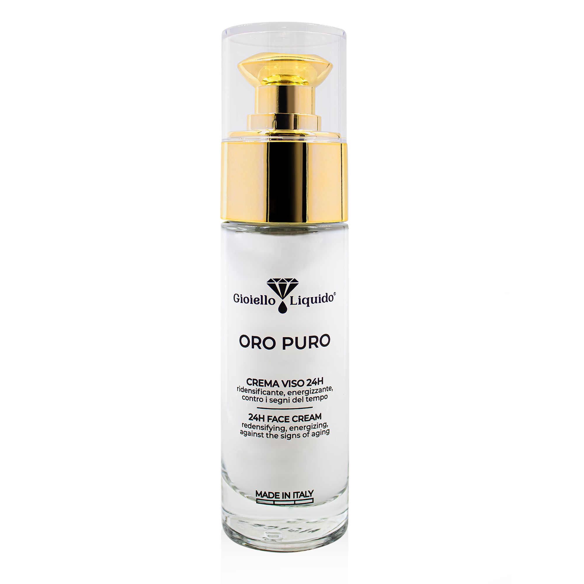 Creme-Flakon mit goldfarbenem Verschluss. Aufschrift: ORO PURO, CREMA VISO 24H. Made in Italy.