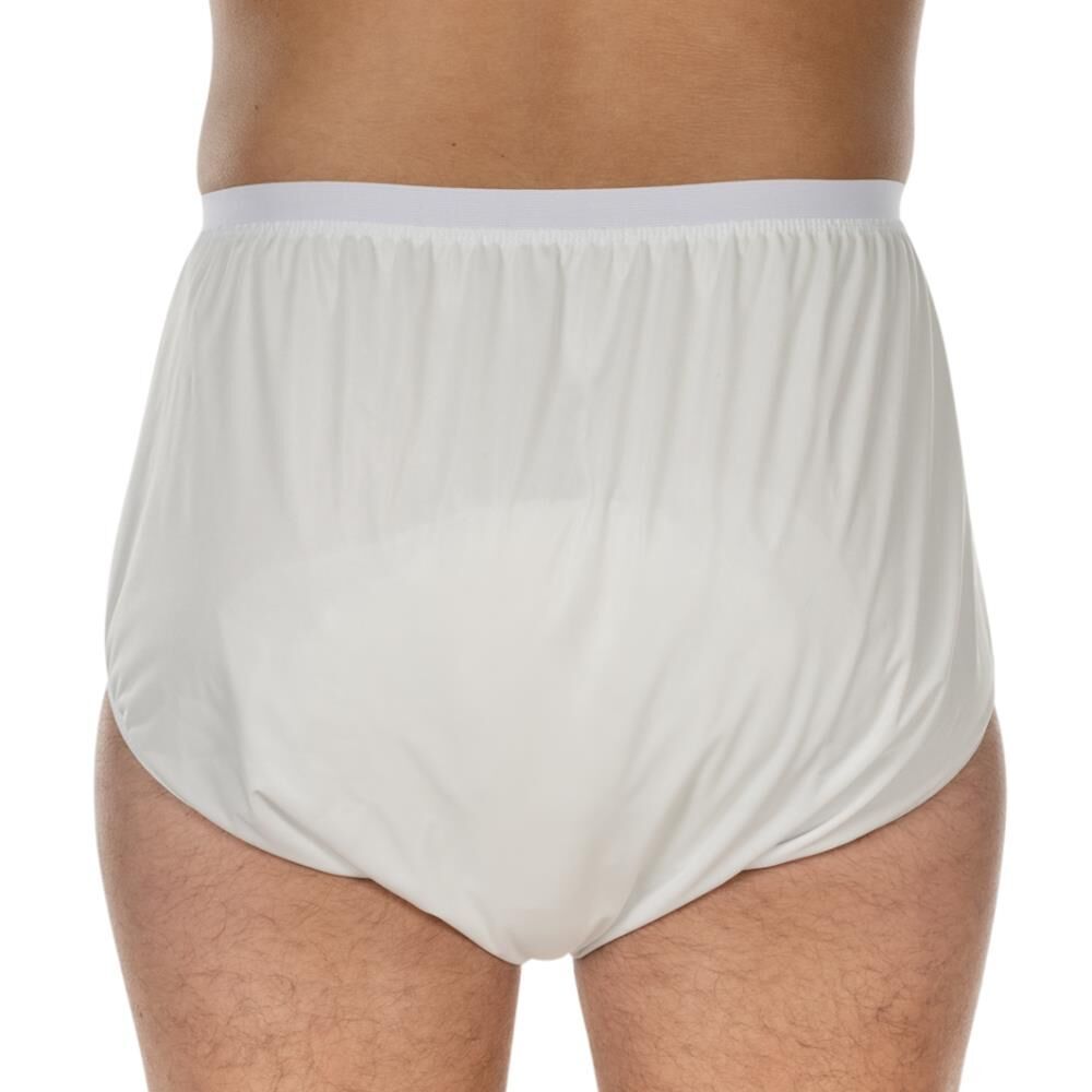 Weißer Inkontinenz-Slip. Frontale Ansicht, getragen von einer Person. Elastischer Bund und Beinabschlüsse.