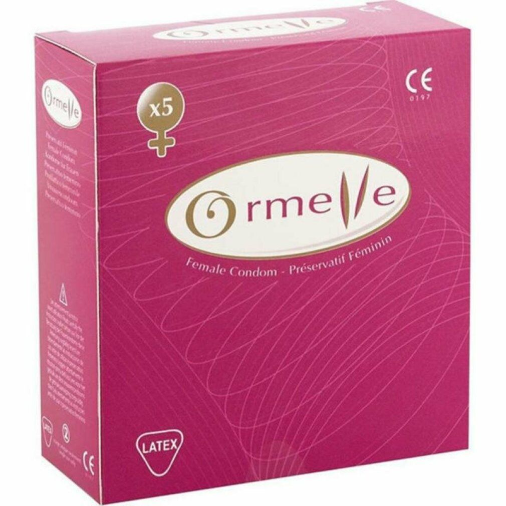 Rosa Schachtel Ormelle Female Condom. Text: x5. CE-Kennzeichnung.