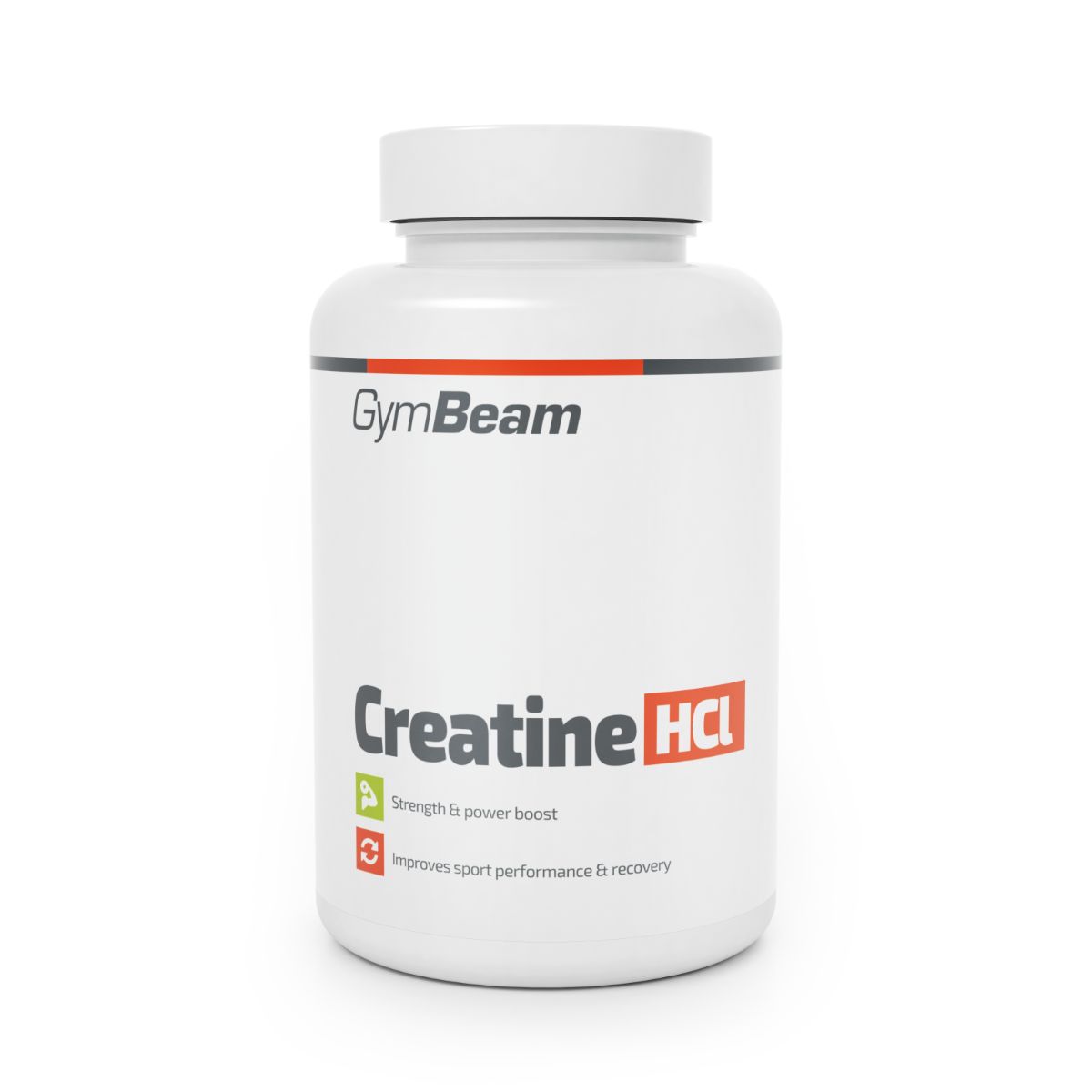 GymBeam Creatine HCl Kapselbehälter mit Etikett, das Stärke und Leistungssteigerung angibt.