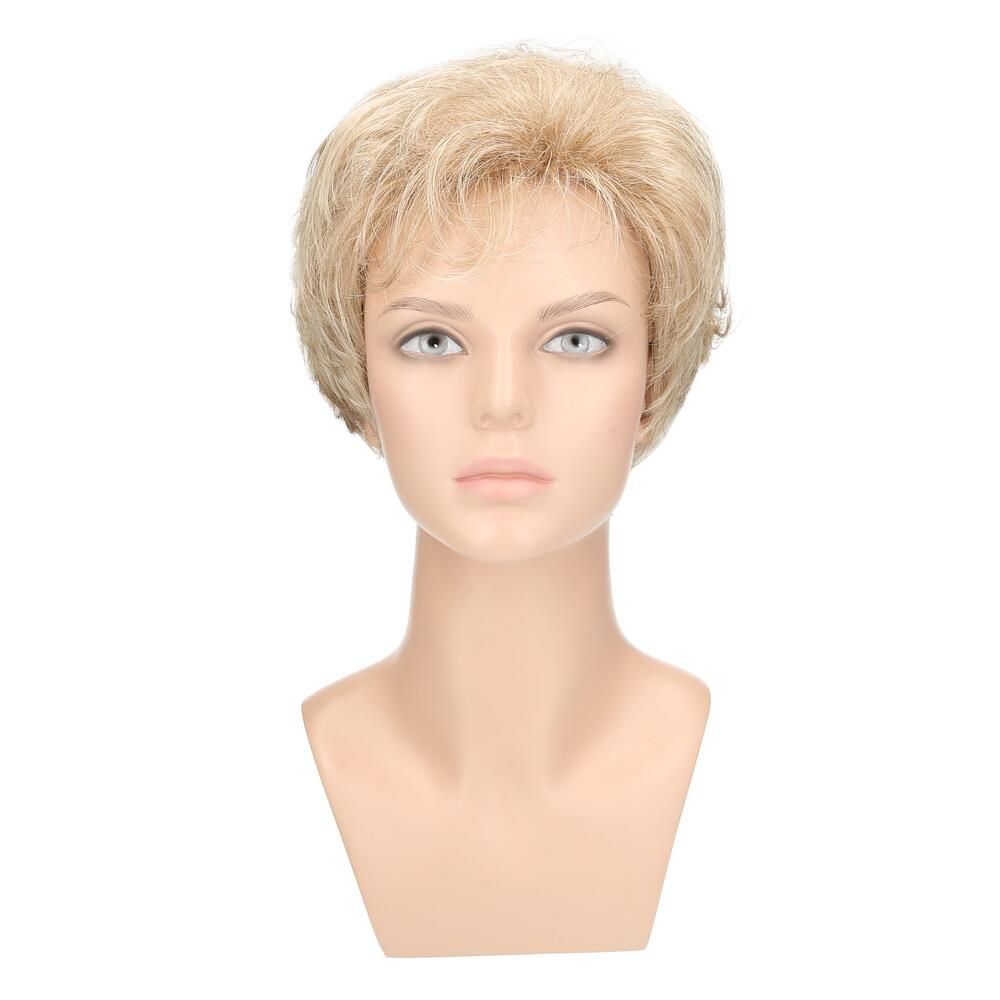 Perücke Sofie von Lofty, blonde Kurzhaarfrisur auf einem Schaufensterkopf. Frontansicht.