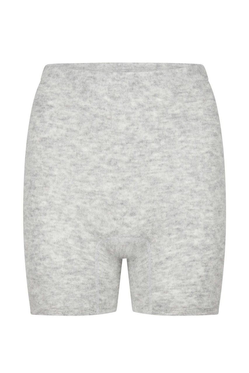 Hellgraue Damen-Panty mit kurzem Bein. Aus weichem Stoff gefertigt. Hoher Bund. Blick von vorne.