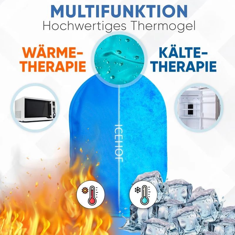 Vier blaue Kühlpads mit ICEHOF-Logo.