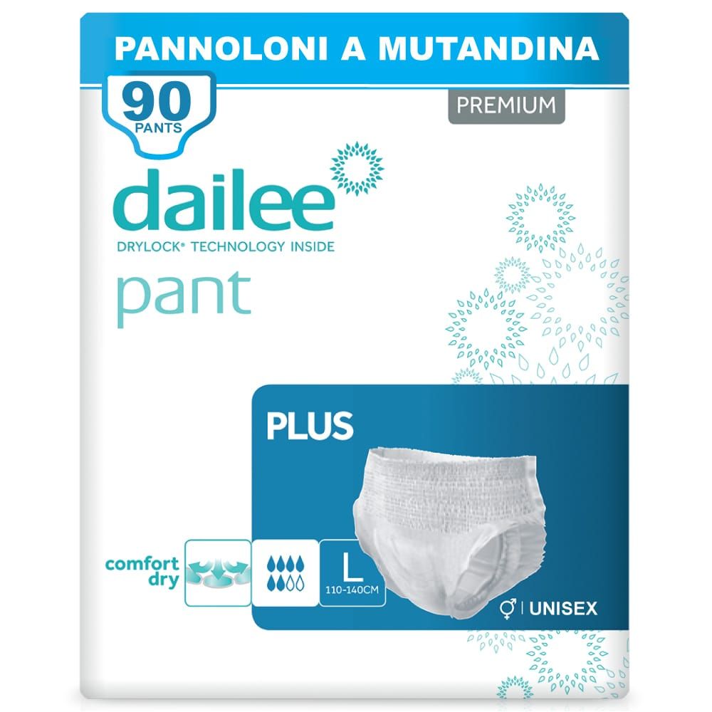 Verpackung Dailee Pants Plus Inkontinenz Windelhosen. Größe L, 90 Stück. Unisex. Comfort Dry.