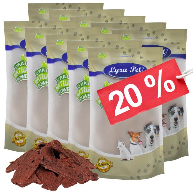 Mehrere Beutel Lyra Pet® Rindfleischstreifen, daneben Streifen. Ein rotes Etikett mit 20% Rabatt. Auf den Beuteln sind Hunde abgebildet.