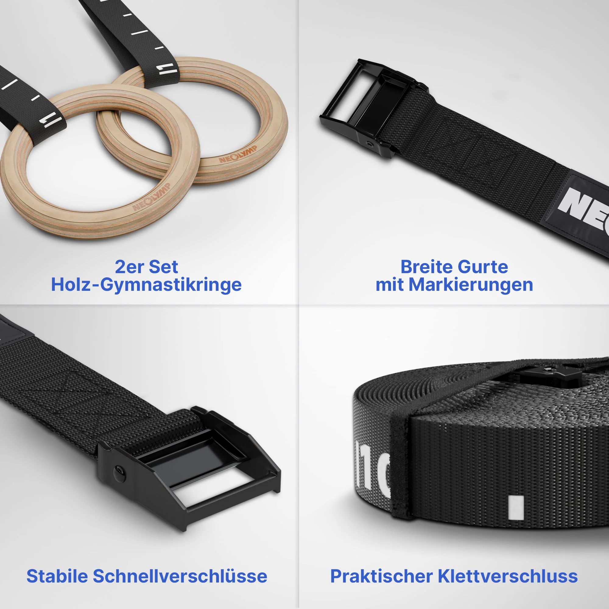 Gymnastikringe aus Holz, 2er Set, mit breiten Gurten und stabilen Schnellverschlüssen.
