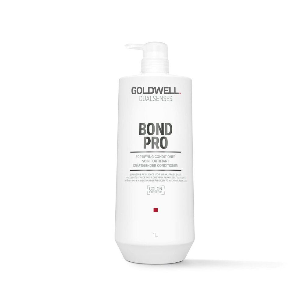 Weiße Goldwell Dualsenses Bond Pro Conditioner Flasche mit Pumpe. Text: BOND PRO, FORTIFYING CONDITIONER, 1L.