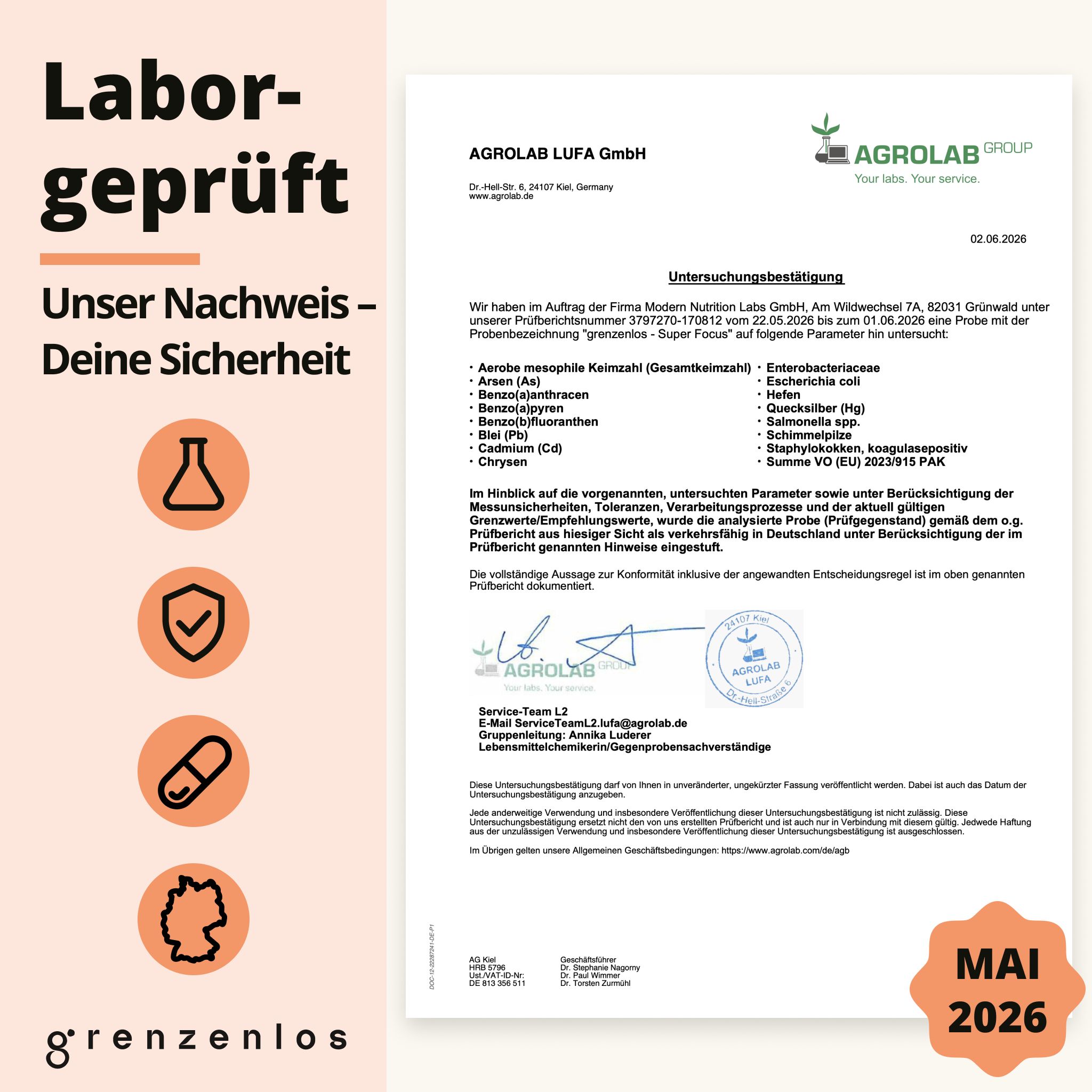 Laborbericht 'AGROLAB LUFA GmbH' für 'grenzenlos' mit Prüfdatum Mai 2026.